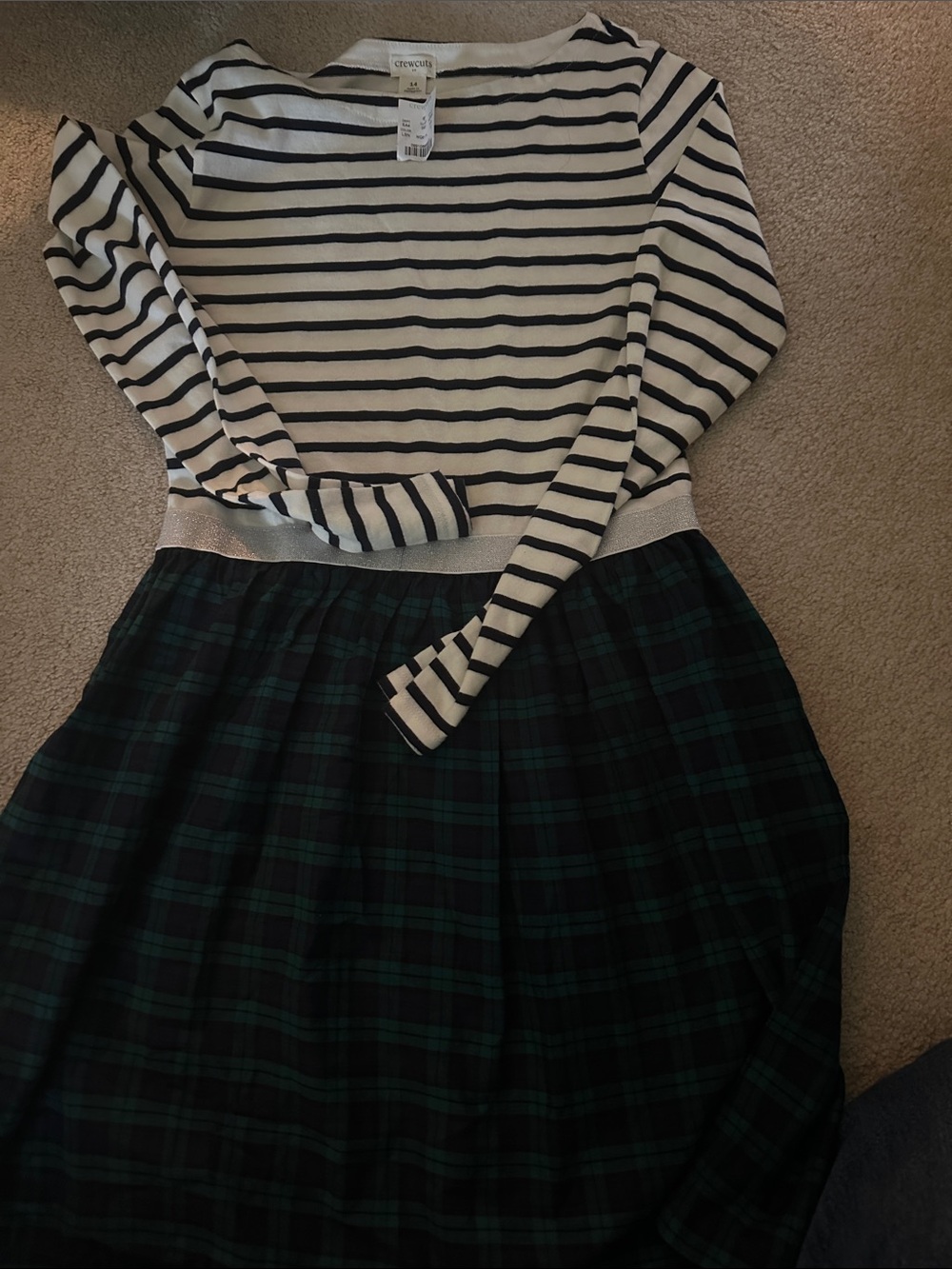 Crewcuts Girls Striped Navy and White Top with Green Plaid Skirt Dress